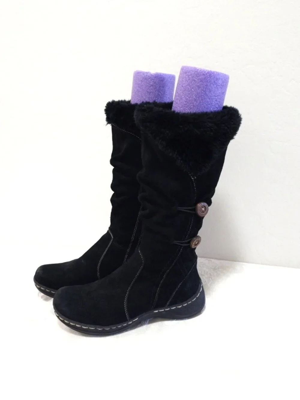 Womens Baretraps ESHA Tall Pac sz 7.5 7 1/2 M Boots Black Faux Fur Trim Side Zip